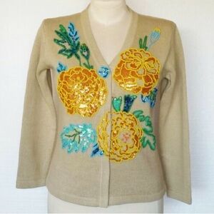 NWT Storybook Knits Tan Women's Size Large Beaded Cardigan - Dazzling Marigold